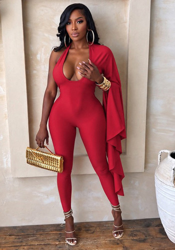 Women's Sexy Solid Color Low Back Asymmetric U Neck Slim Fit Sports Jumpsuit