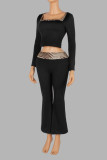 Women's Casual Leopard Print Colorblock Square Neck Long Sleeve Top and High Waist Flared Pants Set