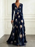 Women's Chic V Neck Printed Velvet Long Sleeve Slim Waist Evening Maxi Dress