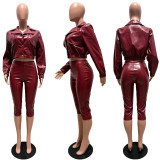 Fall Winter Women's Turn-Down Collar PU Leather Jacket and Capri Pants Set