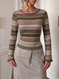 Fall Winter Women's Multicolor Striped Round Neck Slim Fit Cropped Flared Long Sleeve Basic Top