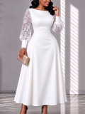 Plus Size Women's Lace Patchwork Long Sleeve Turn-Down Collar Slim Waist A-Line Midi Dress