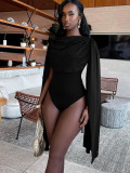 Spring Women's Solid Color Cowl Neck High Waist Bodysuit with Flowing Sash