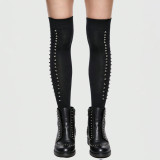 Women's Sexy Black Rhinestone Cross Sheer Thigh-High Stockings One-Piece Design