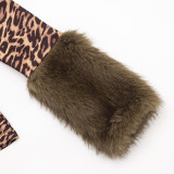 Fall Winter Women's Leopard Print Button Detail Patchwork Faux Fur Long Sleeve Slim Fit Top