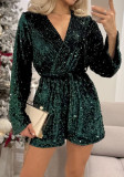 Fall Winter Women's Sequin V Neck Crisscross Flared Leg Jumpsuit for Parties