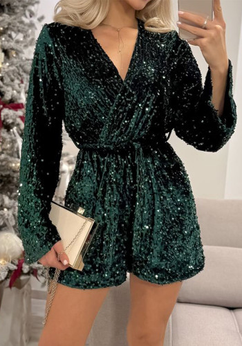 Fall Winter Women's Sequin V Neck Crisscross Flared Leg Jumpsuit for Parties