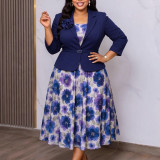 Plus Size Women's Fall Floral Blazer Chiffon Dress Two-Piece Set