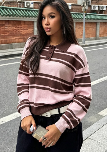 Women's Streetwear Casual Colorblock Striped Turndown Collar Loose Long Sleeve Knit Sweater