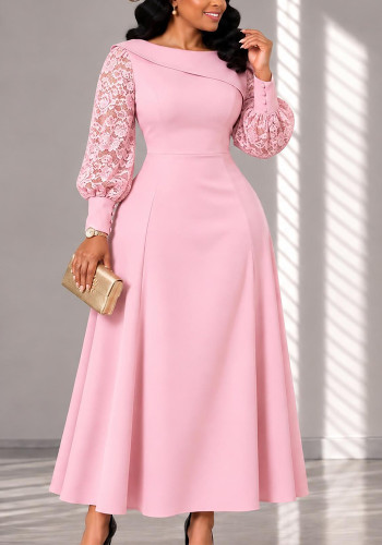 Plus Size Women's Lace Patchwork Long Sleeve Turn-Down Collar Slim Waist A-Line Midi Dress
