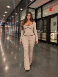 Women's Striped Two-Piece Set U Neck Low Cut Long Sleeve Slim Waist Top and Slim Fit Flared Pants