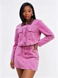 Women's Fashionable Colorblock Turn-Down Collar Button Pocket Long Sleeve Top and Cargo Mini Skirt Set
