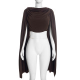 Fall Women's Chic Off Shoulder Ruched Patchwork Long Sleeve Cropped Top with Shawl