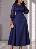 Plus Size Women's Lace Patchwork Long Sleeve Turn-Down Collar Slim Waist A-Line Midi Dress