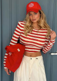 Fall Women's Striped Padded Shoulder Long Sleeve Slim Waist Slim Fit Cropped Top