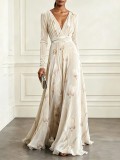 Women's Chic V Neck Printed Velvet Long Sleeve Slim Waist Evening Maxi Dress