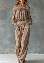 Women's Chic Off Shoulder Cropped Top Straight Leg Pants Holiday Two-Piece Set