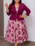 Plus Size Women's Fall Floral Blazer Chiffon Dress Two-Piece Set