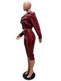 Fall Winter Women's Turn-Down Collar PU Leather Jacket and Capri Pants Set