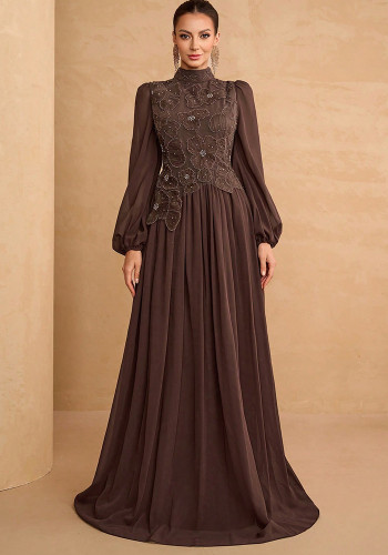 Women's Chic Floral Chiffon Long Sleeve Beaded Embroidered Maxi Dress