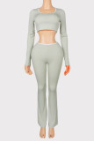 Women's Square Neck Long Sleeve Cropped Top and Flared Pants Ribbed Two-Piece Set