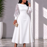Plus Size Women's Lace Patchwork Long Sleeve Turn-Down Collar Slim Waist A-Line Midi Dress