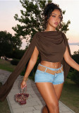 Fall Women's Chic Off Shoulder Ruched Patchwork Long Sleeve Cropped Top with Shawl