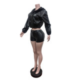 Women's Long Sleeve Hooded Leather Jacket and Stretch Shorts Set