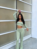 Women's Square Neck Long Sleeve Cropped Top and Flared Pants Ribbed Two-Piece Set