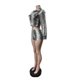 Women's Snake Print Faux Leather Shirt and Stretch Shorts Set