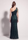Sequin Beaded Floral One Shoulder Tassel Chain High Slit Mermaid Evening Gown