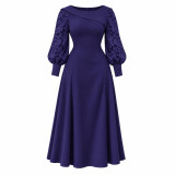 Plus Size Women's Lace Patchwork Long Sleeve Turn-Down Collar Slim Waist A-Line Midi Dress
