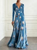 Women's Chic V Neck Printed Velvet Long Sleeve Slim Waist Evening Maxi Dress