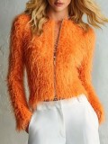 Fall Winter Women's Long Sleeve Faux Fur Zip-Up Cropped Jacket