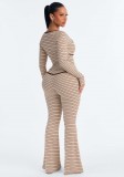 Women's Striped Two-Piece Set U Neck Low Cut Long Sleeve Slim Waist Top and Slim Fit Flared Pants