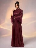 Women's Elegant Sequin Long Sleeve Evening Gown with Cap Sleeves