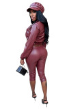 Fall Winter Women's Turn-Down Collar PU Leather Jacket and Capri Pants Set