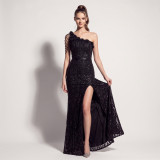 Sequin Beaded Floral One Shoulder Tassel Chain High Slit Mermaid Evening Gown