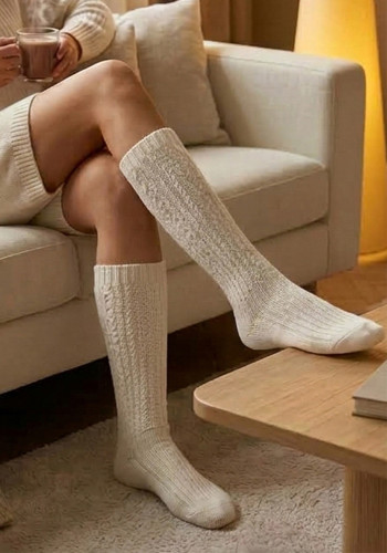 Fall Winter Women's Solid Color Ribbed Knit Mid-Calf Slouch Socks