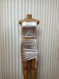 Women's Sexy Solid Color Slim Fit Cropped Strap Top and Ruched Bodycon Skirt Set
