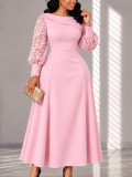 Plus Size Women's Lace Patchwork Long Sleeve Turn-Down Collar Slim Waist A-Line Midi Dress