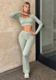 Women's Square Neck Long Sleeve Cropped Top and Flared Pants Ribbed Two-Piece Set