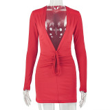Women's Sexy Solid Color Deep V Neck Long Sleeve Drawstring Slim Fit Bodycon Mini Dress