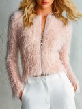 Fall Winter Women's Long Sleeve Faux Fur Zip-Up Cropped Jacket