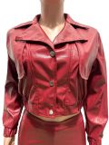 Fall Winter Women's Turn-Down Collar PU Leather Jacket and Capri Pants Set