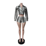 Women's Snake Print Faux Leather Shirt and Stretch Shorts Set