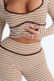 Women's Striped Two-Piece Set U Neck Low Cut Long Sleeve Slim Waist Top and Slim Fit Flared Pants