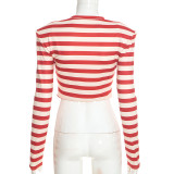 Fall Women's Striped Padded Shoulder Long Sleeve Slim Waist Slim Fit Cropped Top