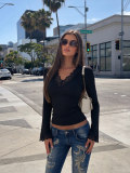 Women's Lace V Neck Flared Long Sleeve Slim Waist Basic Top