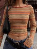 Fall Winter Women's Multicolor Striped Round Neck Slim Fit Cropped Flared Long Sleeve Basic Top